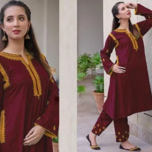 2 Pcs Women's Stitched Linen Embroidered Shirt And Trouser by The Feather