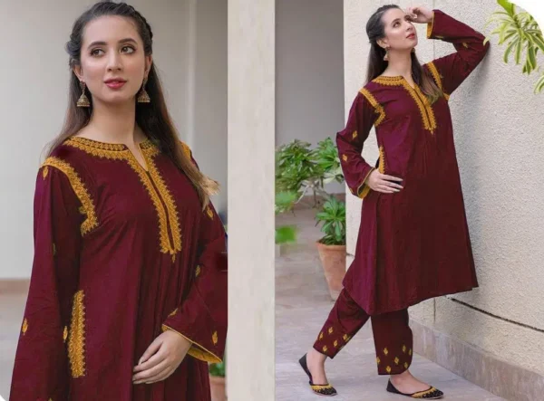 2 Pcs Women's Stitched Linen Embroidered Shirt And Trouser by The Feather